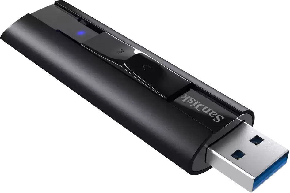 Schwarzer und silberner USB-Stick. Die Marke SanDisk ist sichtbar. Der USB-Stick befindet sich auf schwarzem Hintergrund.