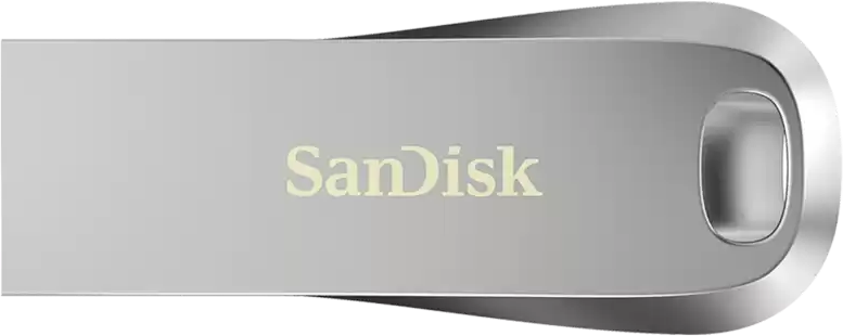 Silberner SanDisk USB-Stick, mit Logo und geschwungenem Design.