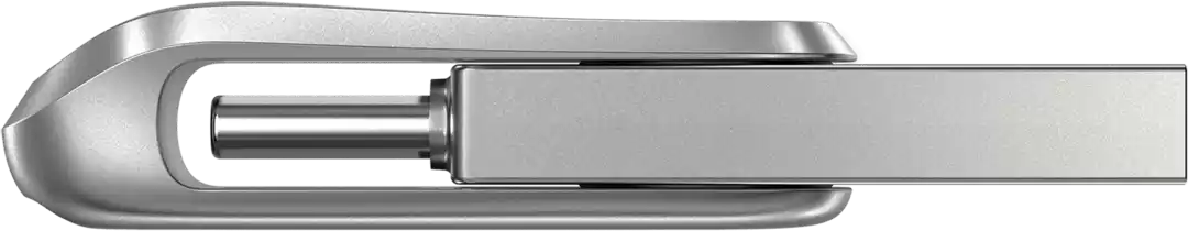 Nahaufnahme eines silbernen, metallischen USB-Laufwerks. Das Design ist elegant und modern.