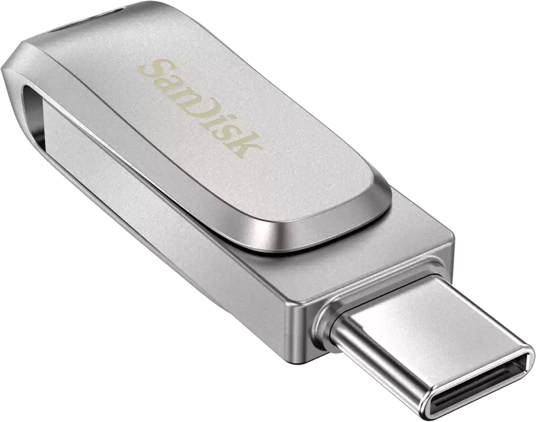 Ein silberner SanDisk USB-C-Flash-Laufwerk. Der Markenname ist sichtbar. Der Hintergrund ist schwarz.