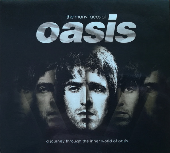 Pochette d'album pour Oasis : Visages des membres du groupe en noir et blanc, avec superposition de texte.