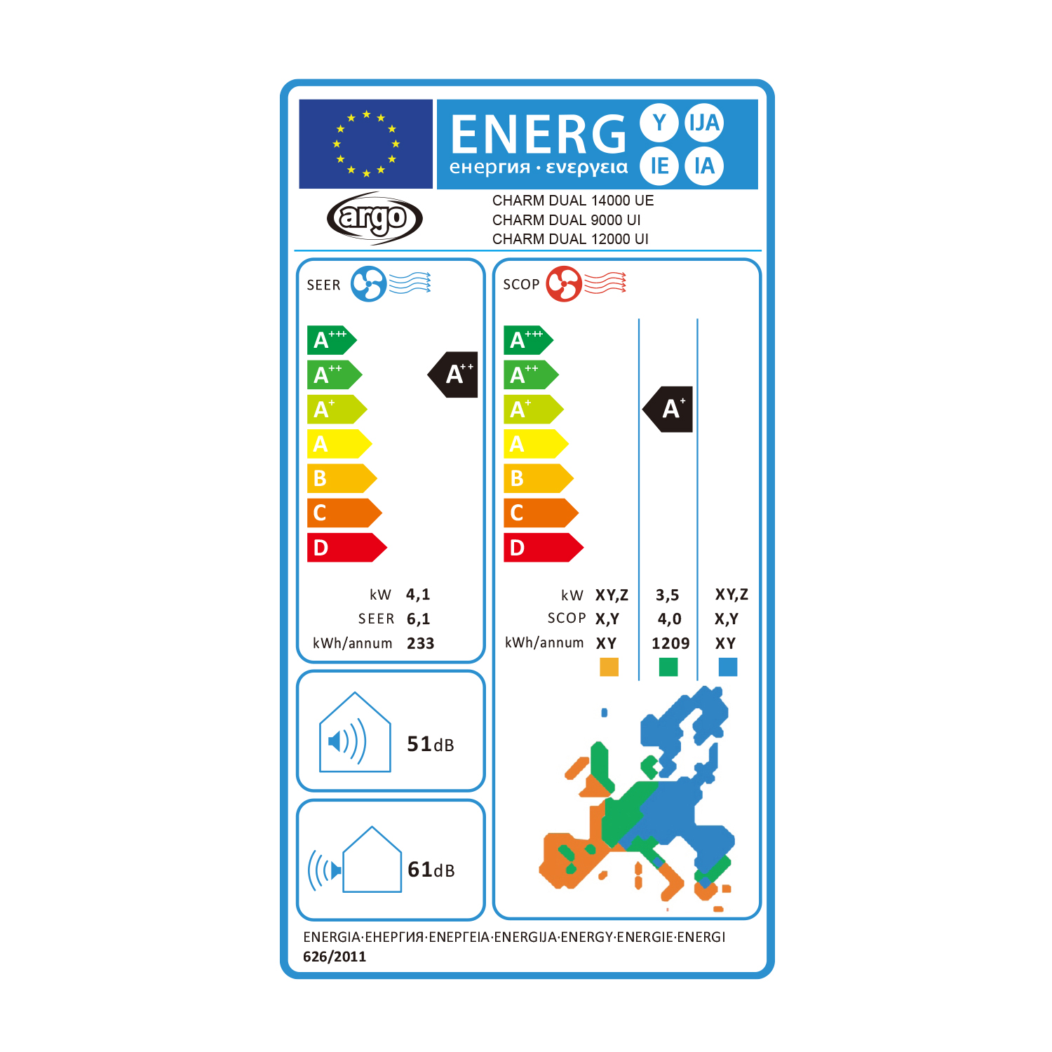 Etichetta energetica con classificazione a stelle UE e dati tecnici.