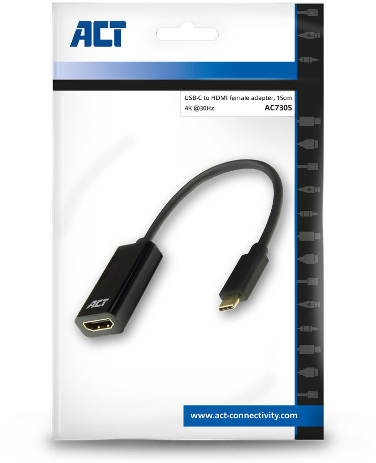 USB-C – HDMI adapter csomagolásban. Fekete kábel HDMI és USB-C csatlakozóval.