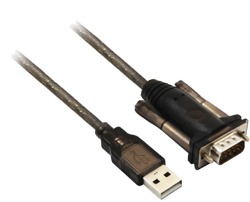 Egy USB-soros kábel, fekete, USB-vel és soros csatlakozóval.