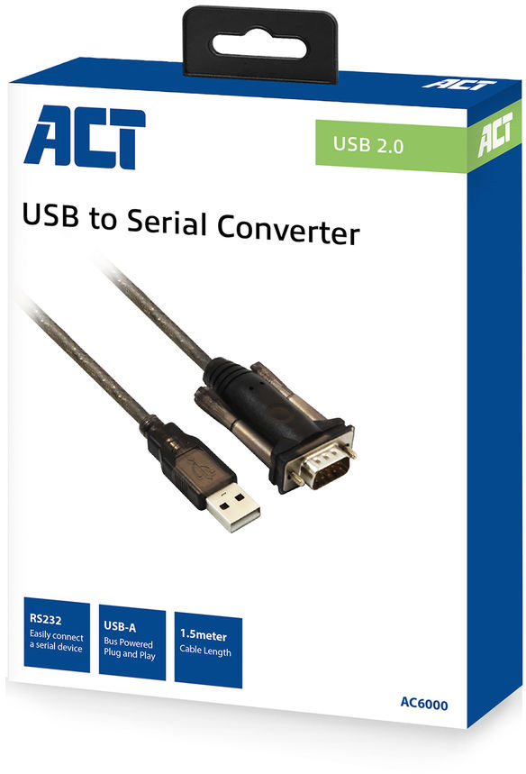 Doboz USB-soros átalakítóval. A doboz fehér és kék, belül kábellel.