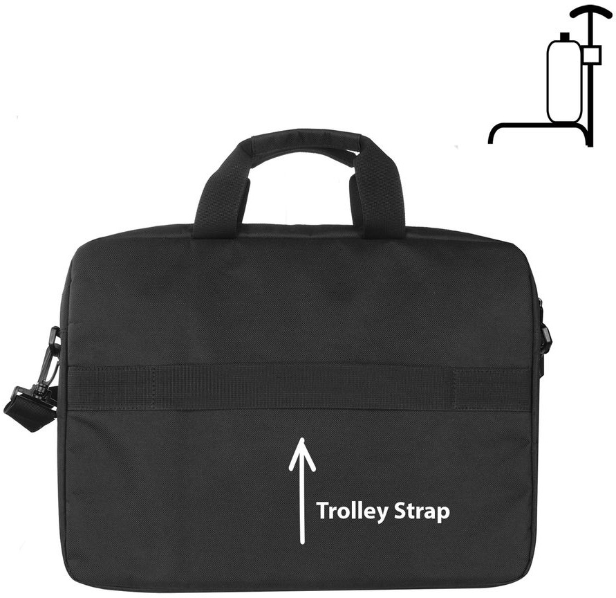 Fekete laptop táska, gurulós táska pánttal és fogantyúval.