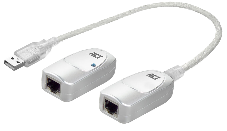 Fehér USB-Ethernet adapter kábelek, ACT márkával, fehér háttéren.