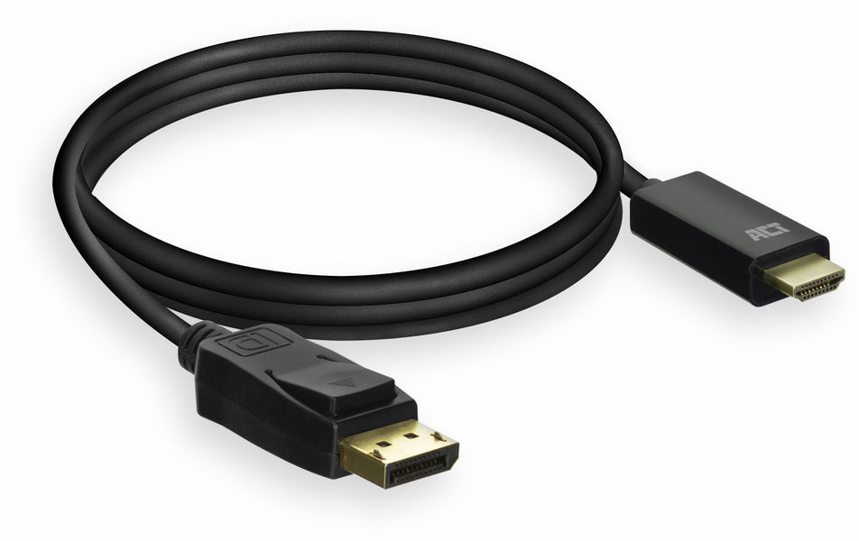 Fekete DisplayPort-HDMI kábel. A kábel fekete, DisplayPort és HDMI csatlakozókkal.