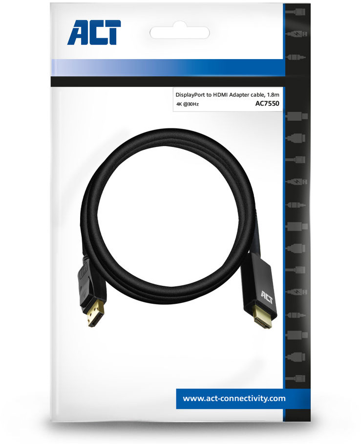 DisplayPort-HDMI adapter kábel a csomagolásban. A kábel fekete, fehér háttéren.