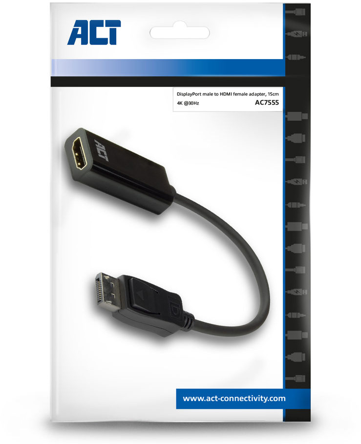 Fekete DisplayPort-HDMI adapter fekete-fehér csomagolásban, ACT logóval.