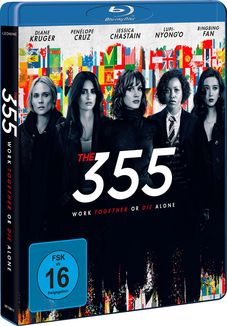 Filmcover: Fünf Frauen stehen vor Flaggen; Titel 'The 355'; Schauspielernamen oben. Blu-ray Disc.