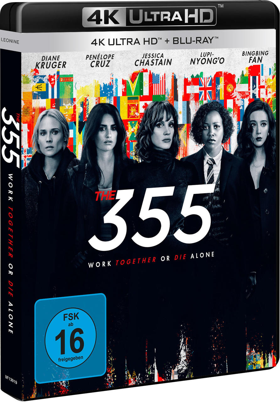 DVD-Cover für den Film The 355 mit fünf Frauen, dem Titel und dem Slogan in dunkler Umgebung.