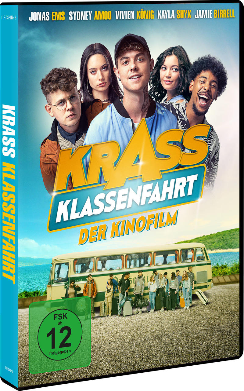 Filmcover: Sechs junge Leute im Bus, Titel 'Krasser Klassenfahrt', FSK 12 Bewertung, blau und gelb.