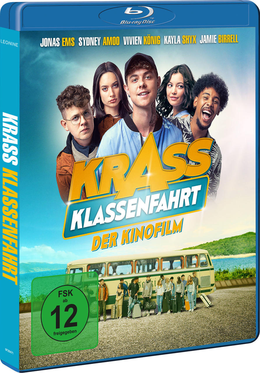 Film-DVD-Cover mit mehreren Schauspielern und einem Bus. Titel ist 'Krass Klassenfahrt'.