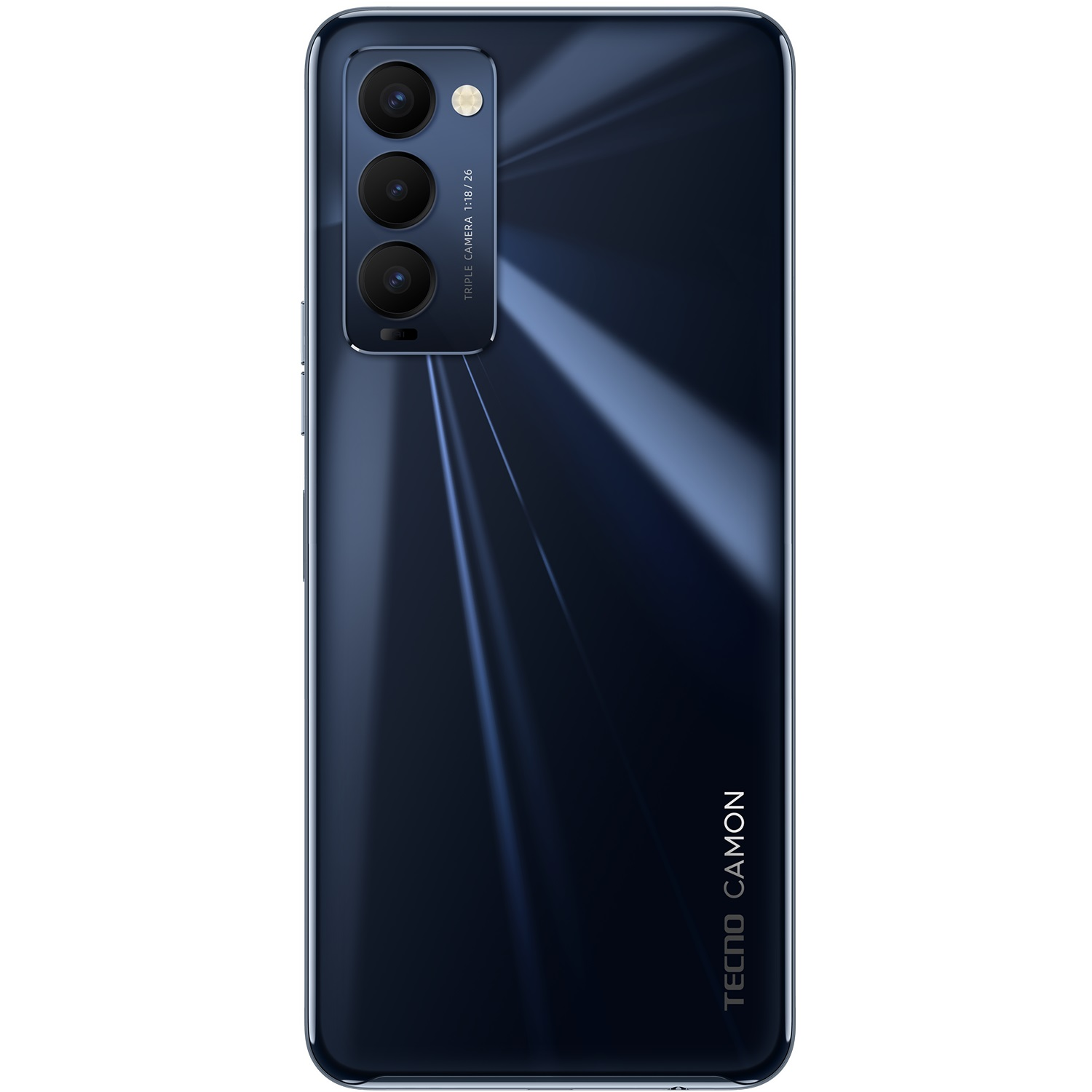 Üç kamera lensi ve TECNO CAMON yazısı olan koyu mavi bir telefonun arkası.
