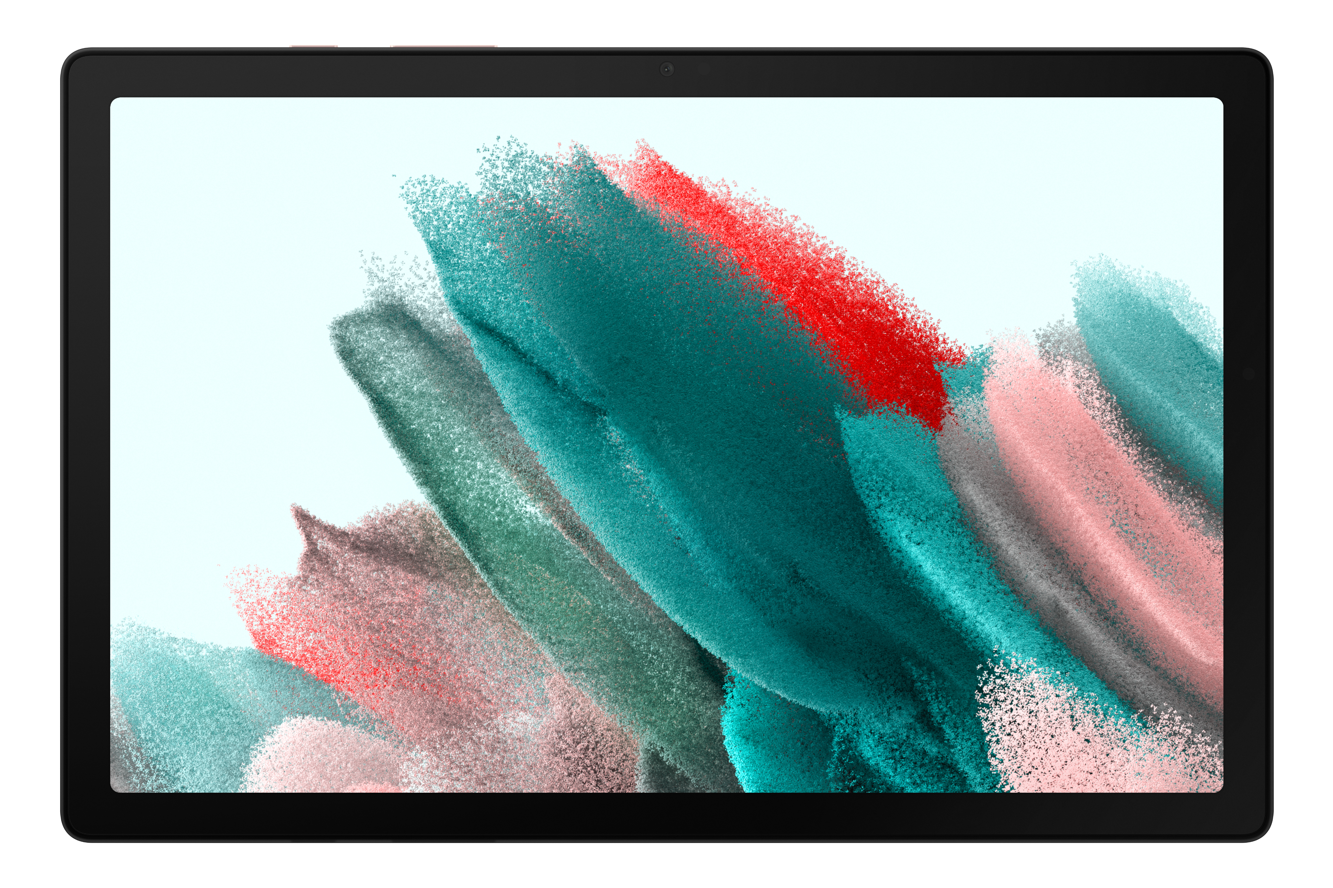 Ekranında renkli soyut bir görüntü ve siyah çerçeveli siyah bir tablet.