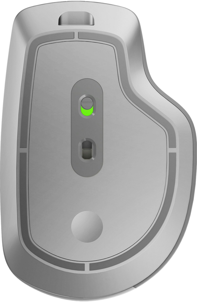 Souris, design ergonomique, couleur argent et gris, avec une lumière verte.