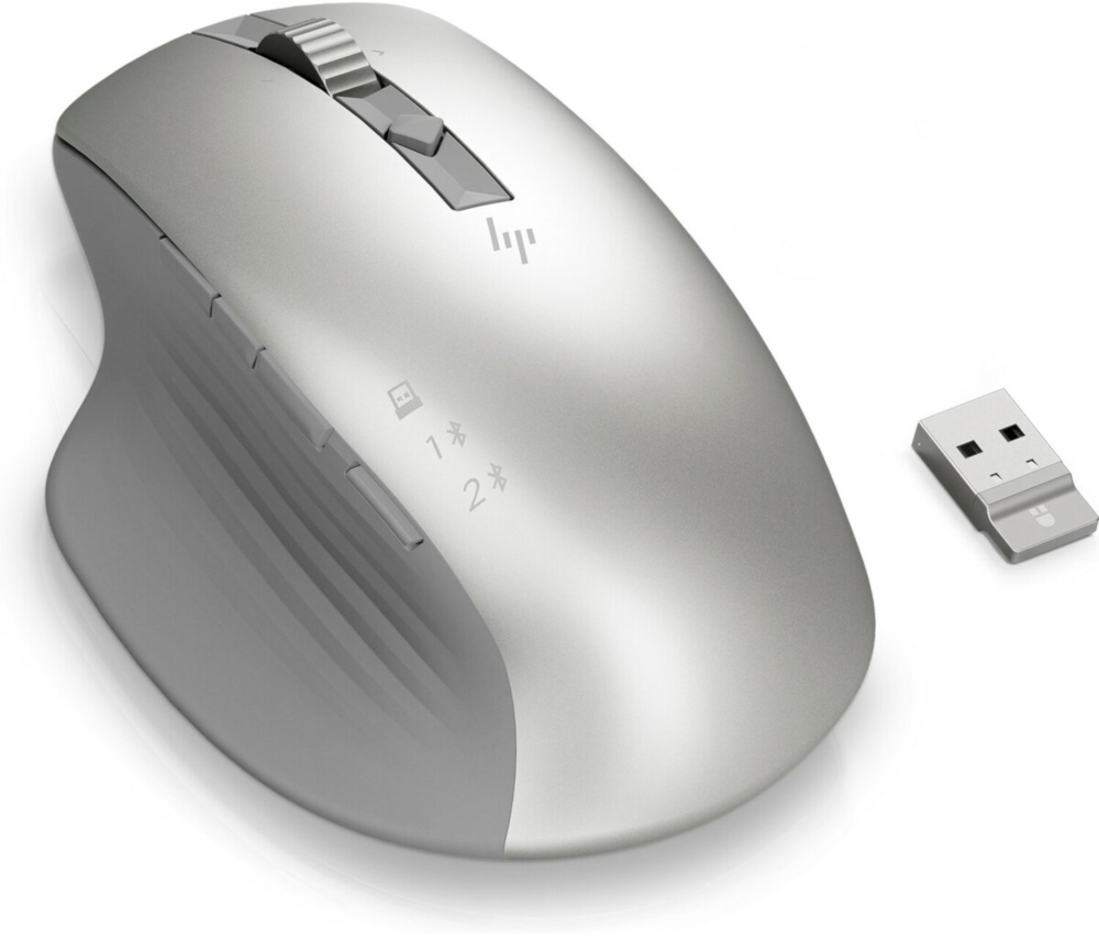 Souris sans fil HP argentée et récepteur USB. Montre les boutons de la souris et la molette. Fond blanc.