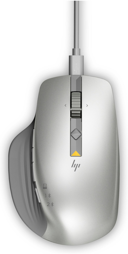 Souris d'ordinateur argentée avec connexion filaire, avec molette et boutons.
