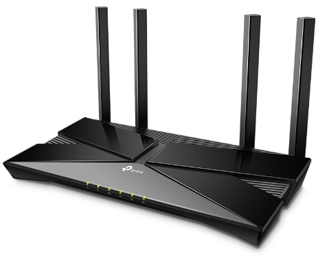 Routeur TP-Link noir avec antennes, sur fond blanc.