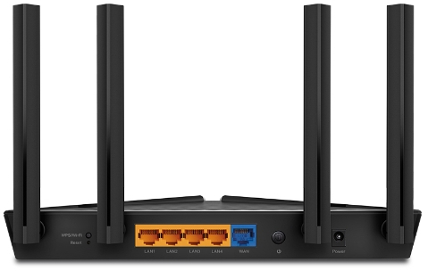 Routeur Wi-Fi noir avec plusieurs antennes et ports arrière.