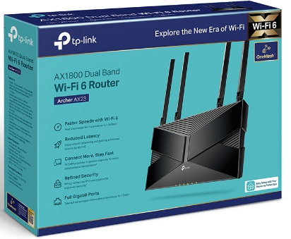 Boîte pour un routeur TP-Link Wi-Fi 6. La boîte est bleue et noire avec l'image du routeur.