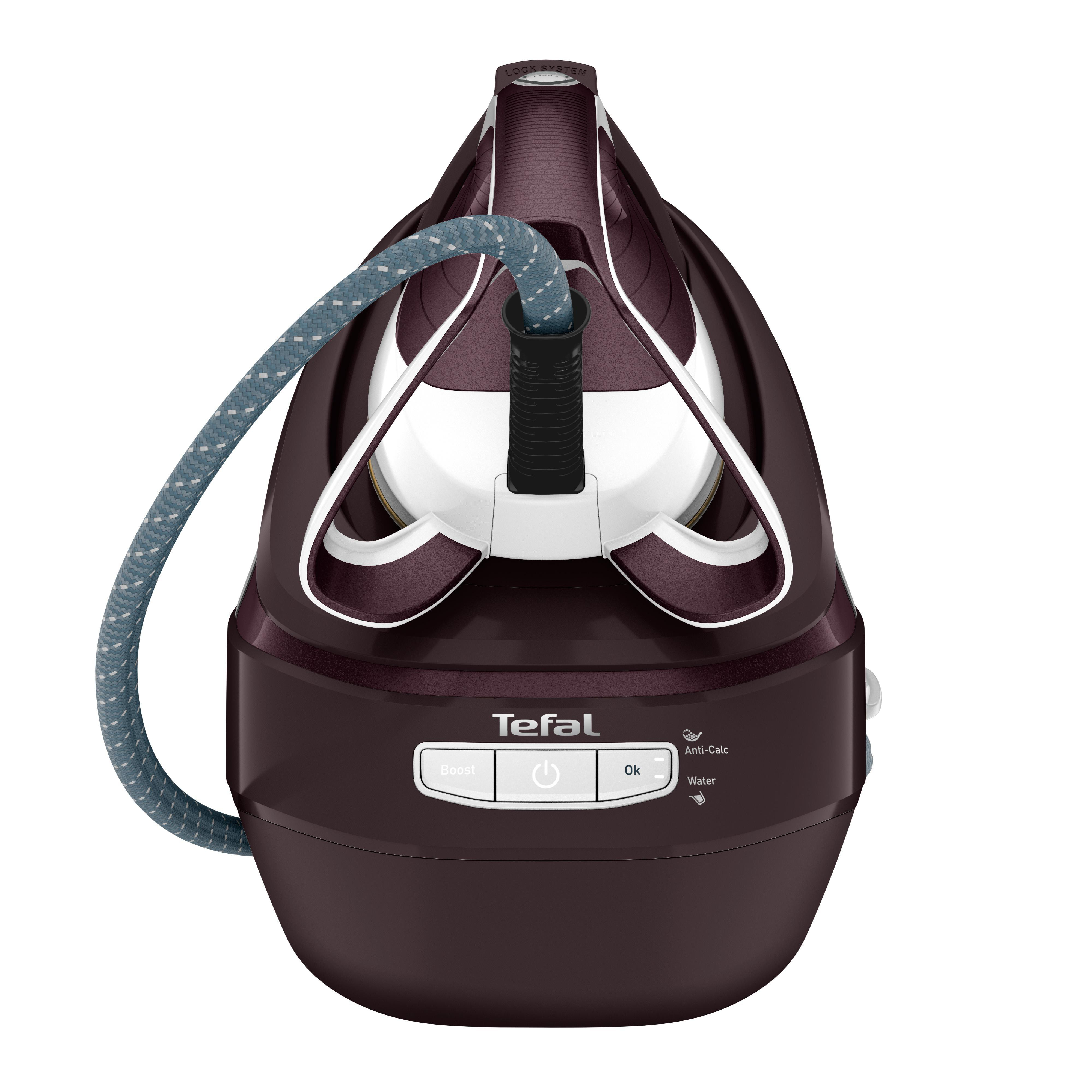 Tefal-Bügeleisen in dunkelroter und weißer Farbgebung. Blau-graues Kabel. Tasten für Boost und Ok.
