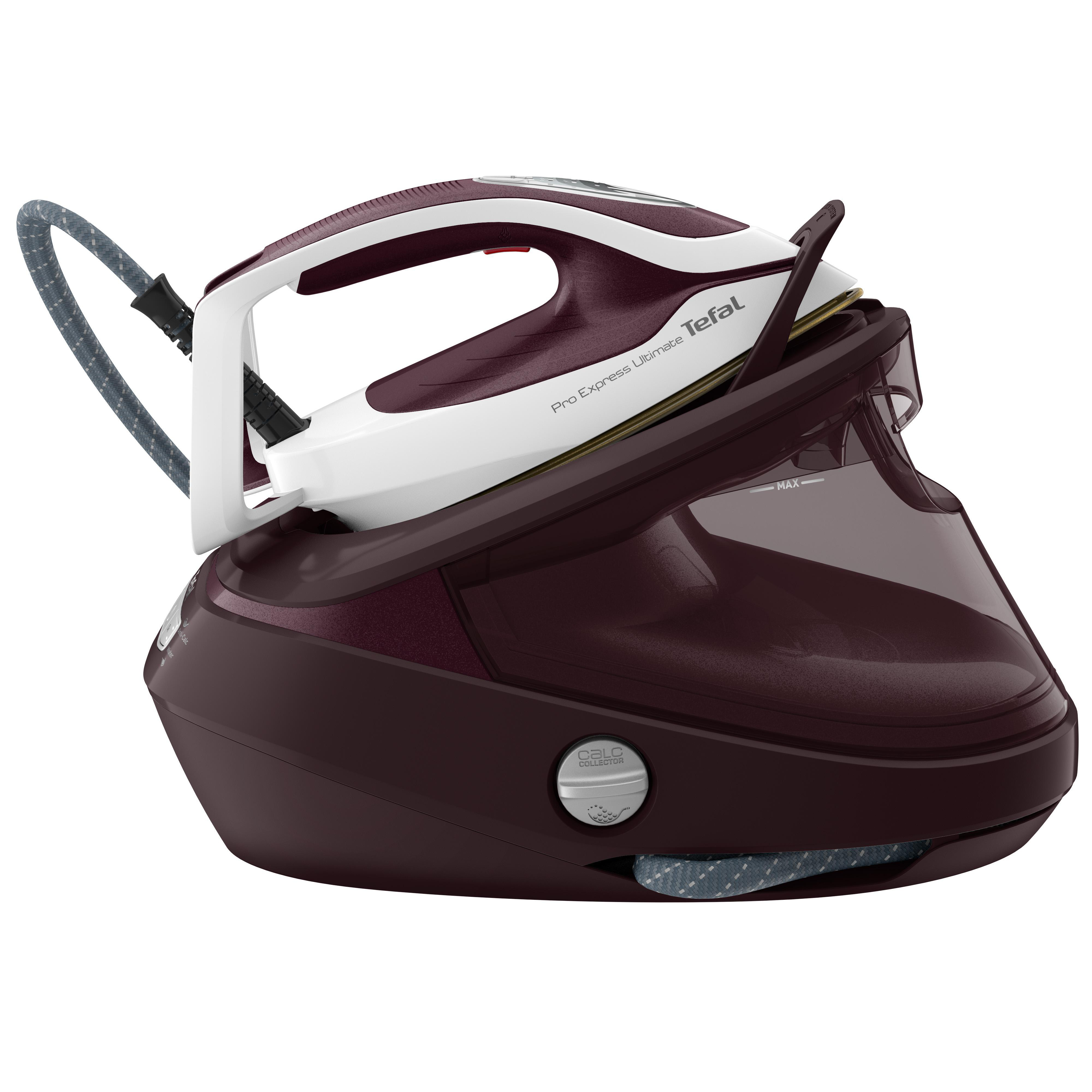 Tefal Bügeleisen, weiß und bordeauxrot, mit Wassertank auf weißem Hintergrund.