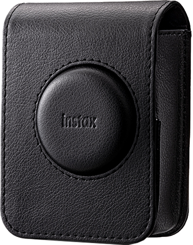 Fekete bőr Instax kameratok dombornyomott logóval.