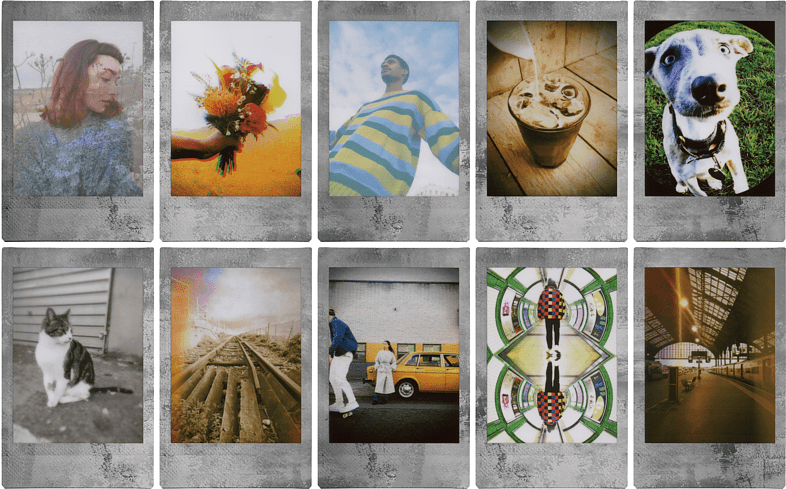Tíz polaroid stílusú kép kollázsa. Különböző témájúak és színtónusúak.