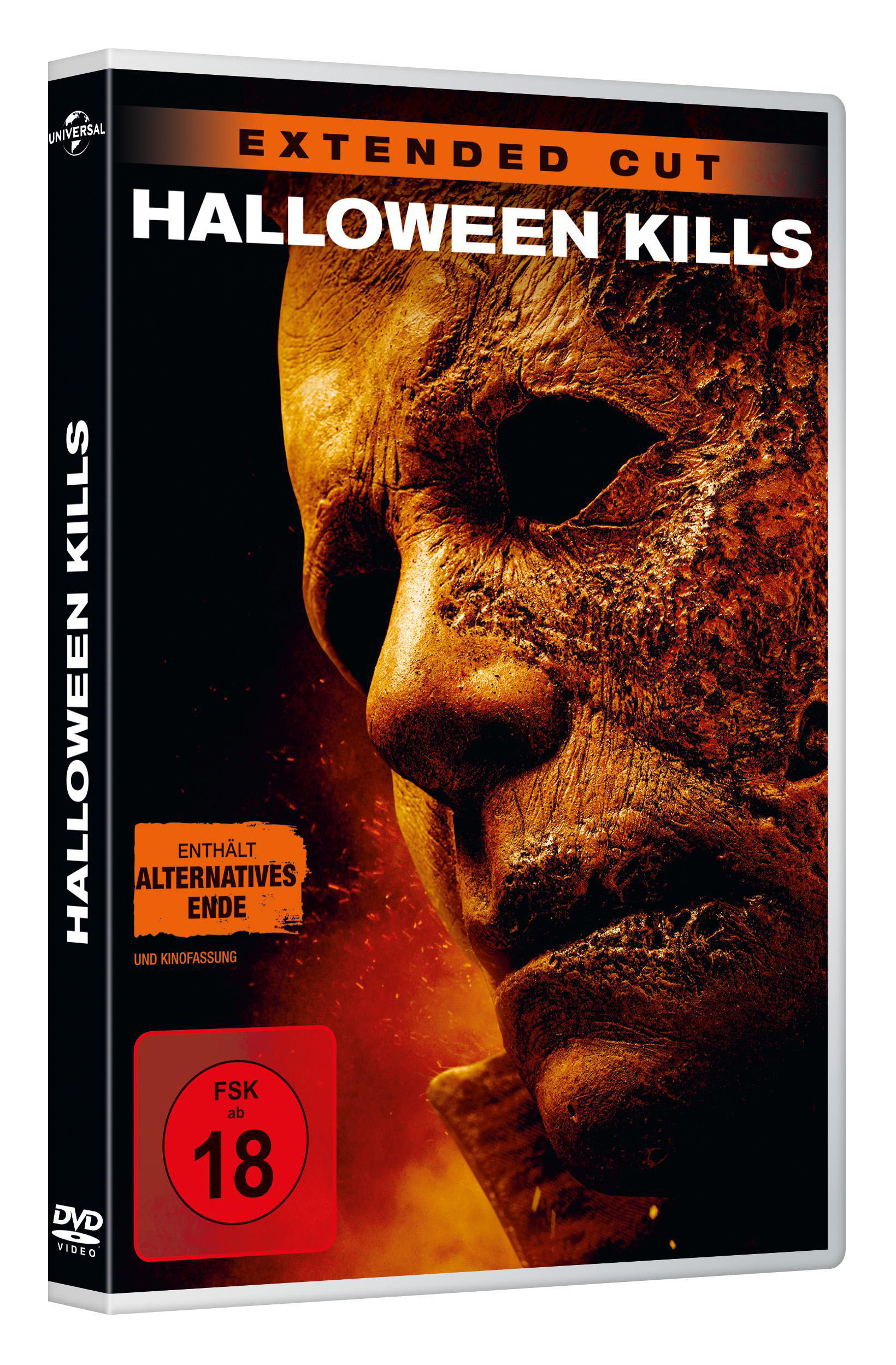 DVD-Cover für 'Halloween Kills'. Zeigt eine Maske. Orange-schwarzes Design. FSK 18 Logo.