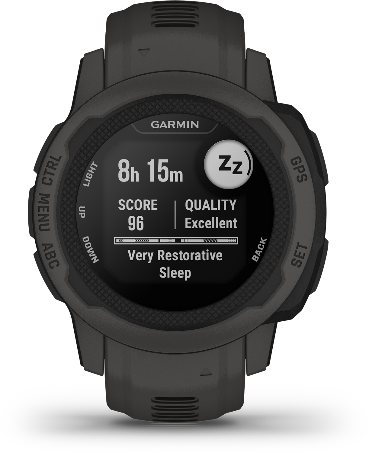 Garmin smartwatch die slaapgegevens weergeeft: duur, score en kwaliteit van de slaap.