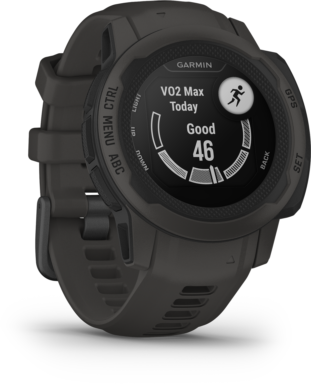 Een donkergrijze smartwatch die fitnessgegevens weergeeft zoals hartslag.