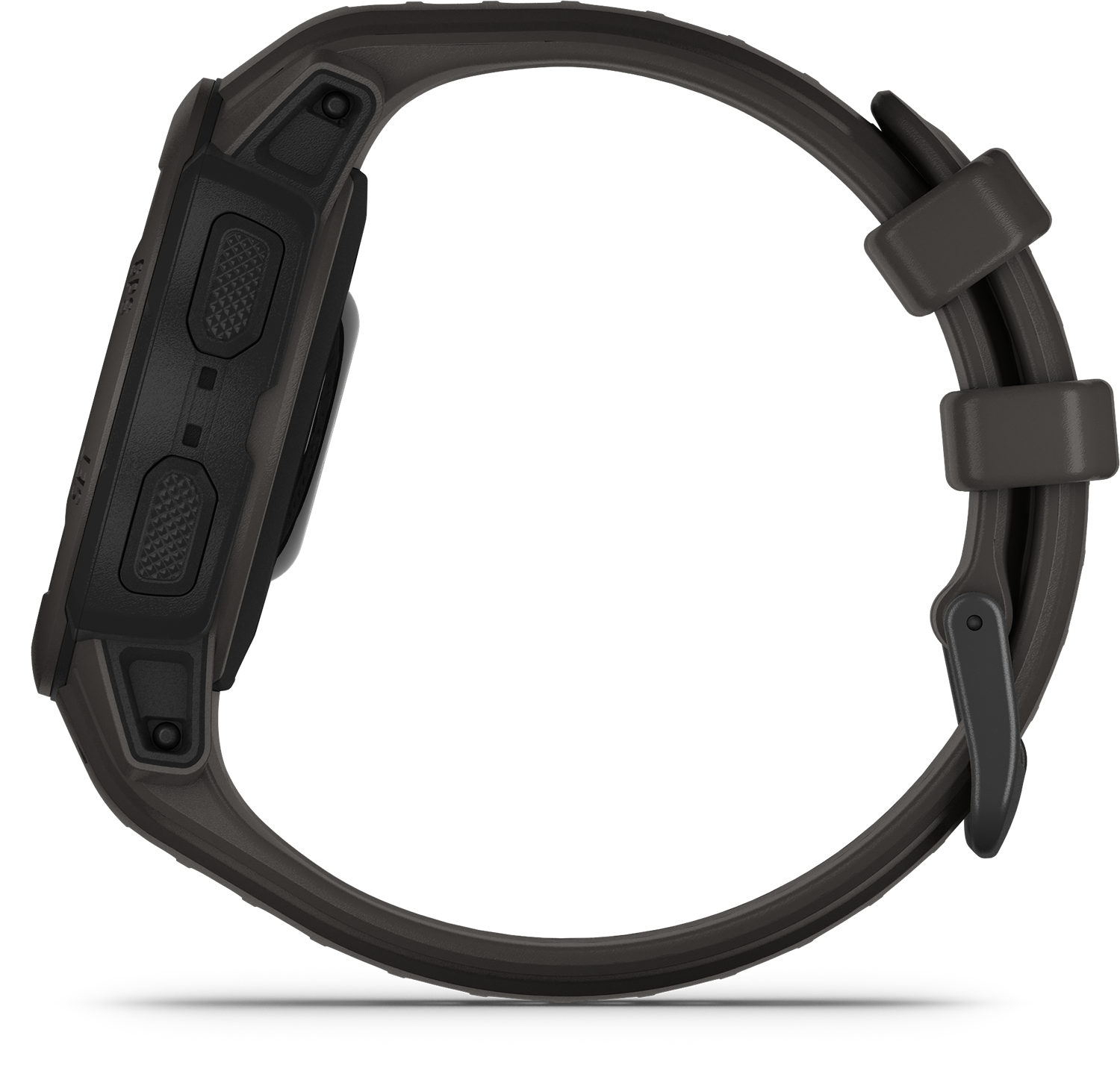 Een donkergrijze Garmin horloge met de zijaanzicht, inclusief knoppen en bandje. Witte achtergrond.