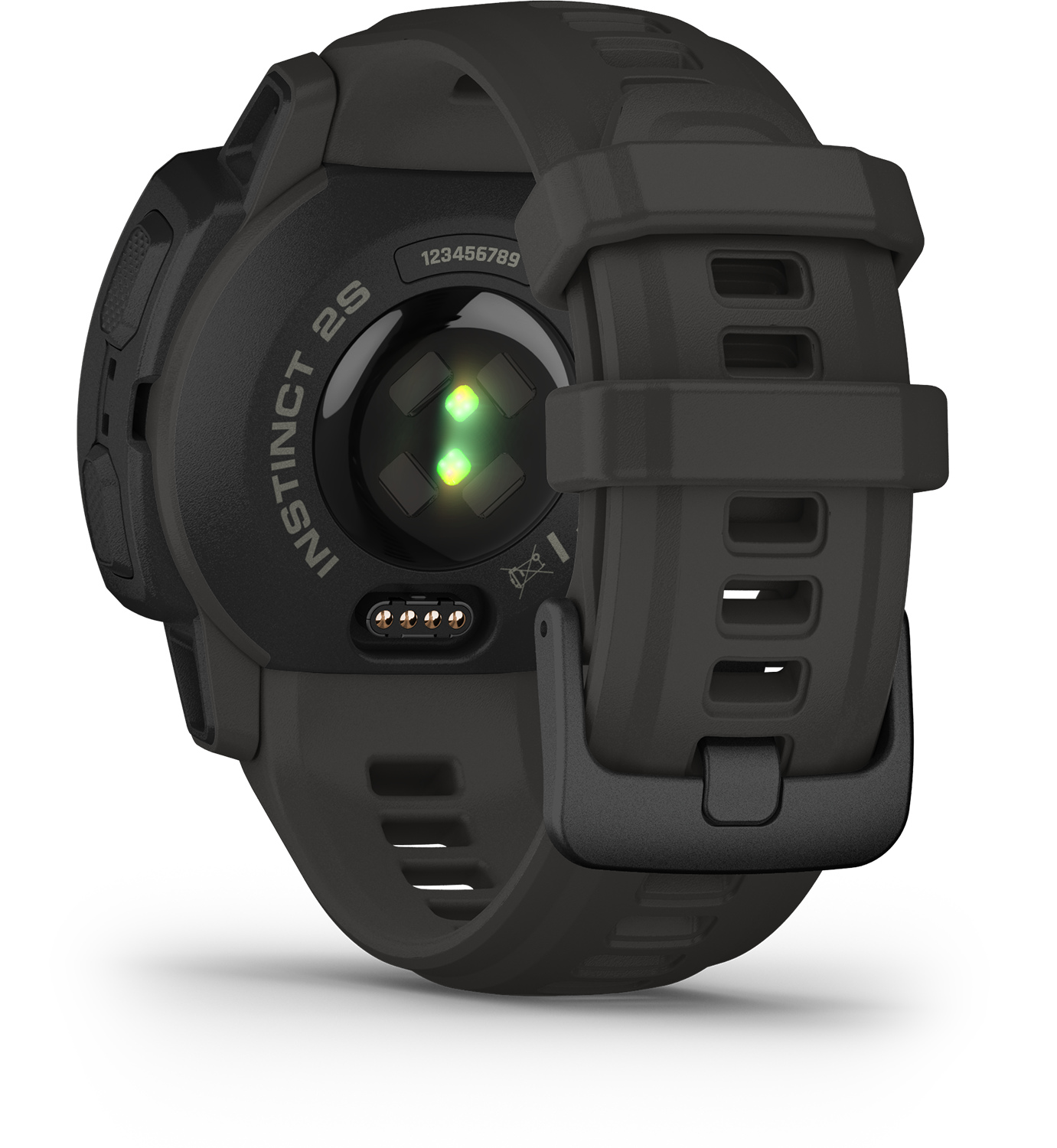Een zwart Garmin Instinct 2S-horloge. De achterkant van het horloge is zichtbaar.