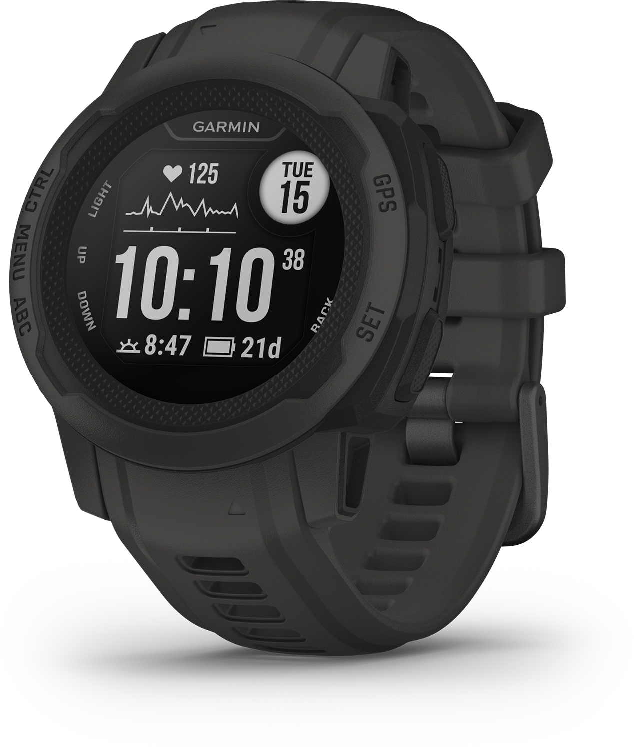 Garmin horloge, digitaal display met tijd, hartslag en datum.