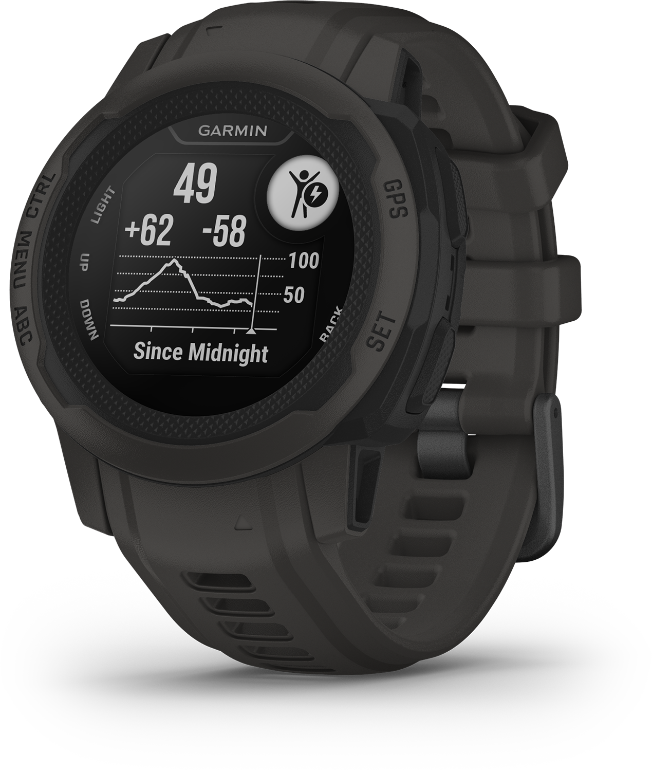 Een Garmin Instinct-horloge met een zwarte kast en een digitaal display met gegevens.