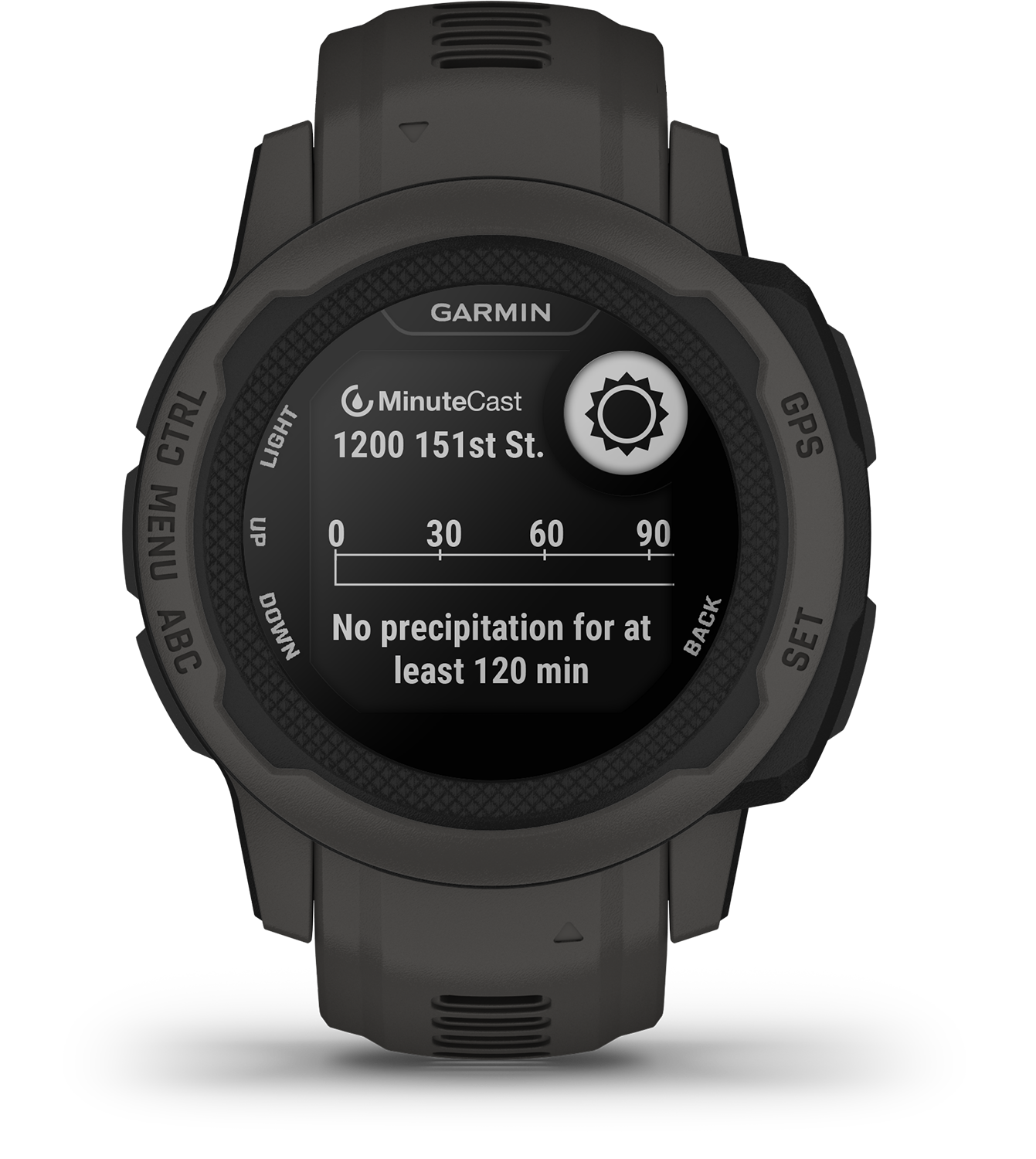 Zwarte Garmin smartwatch met weerinformatie en een zon-icoon.