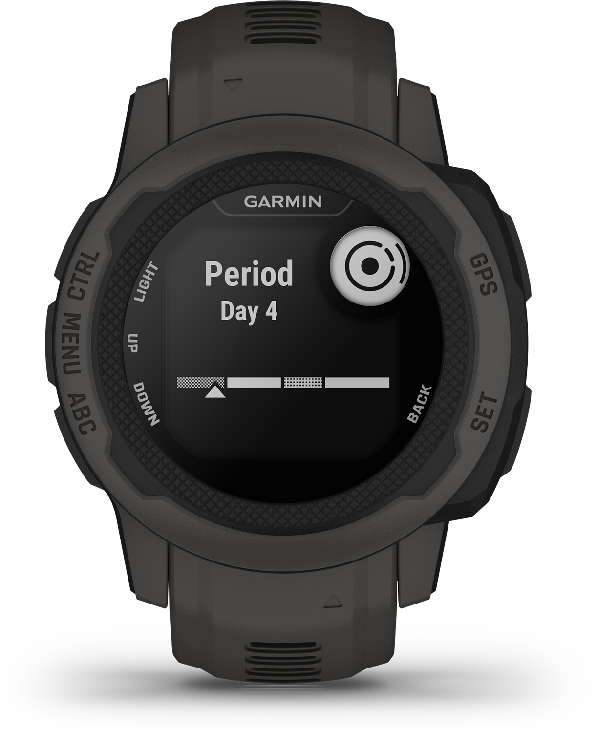 Garmin horlogescherm met 'Periode Dag 4' en bedieningsknoppen.