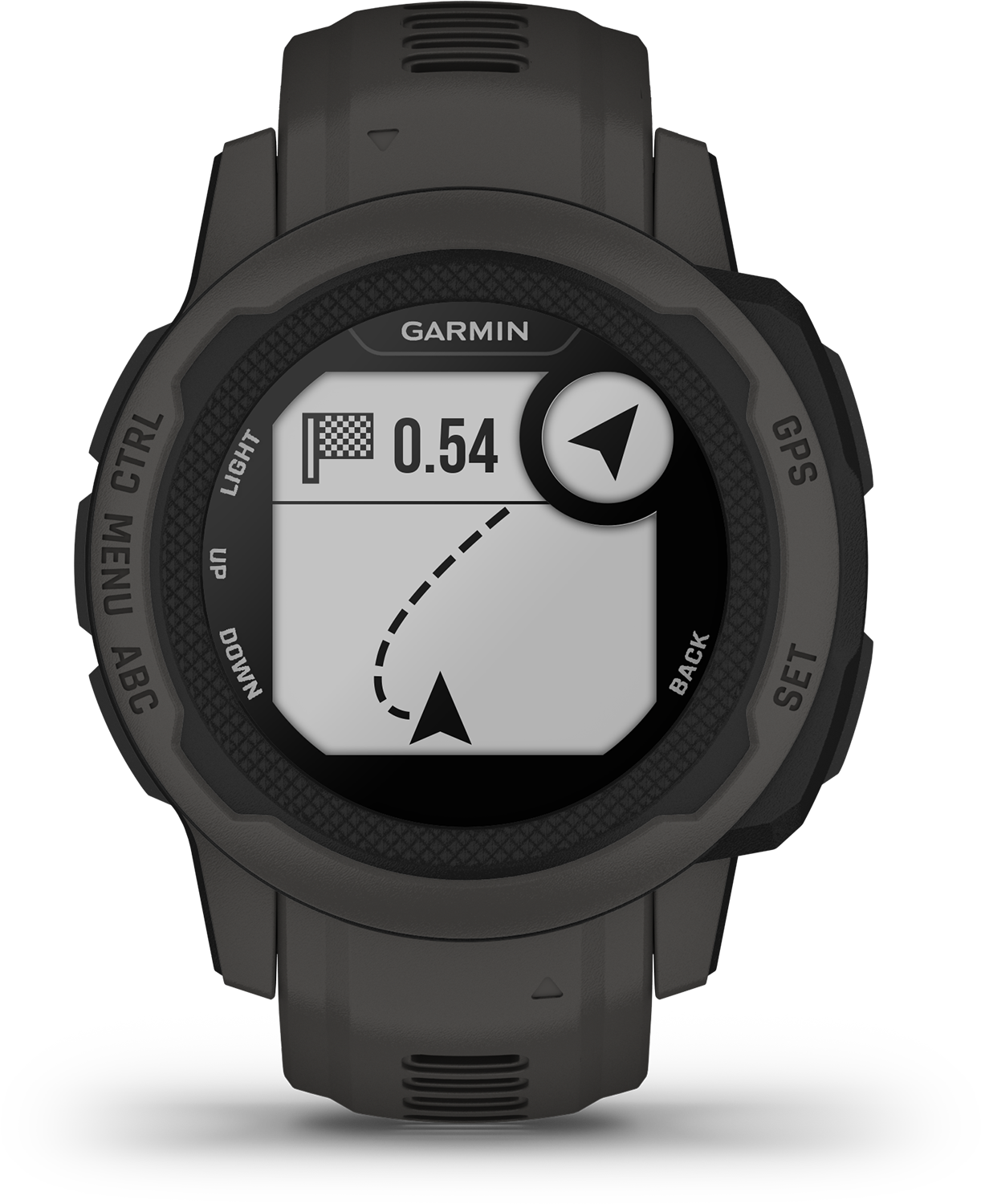 Garmin-horloge met een navigatie-interface met een vlag en pijl.