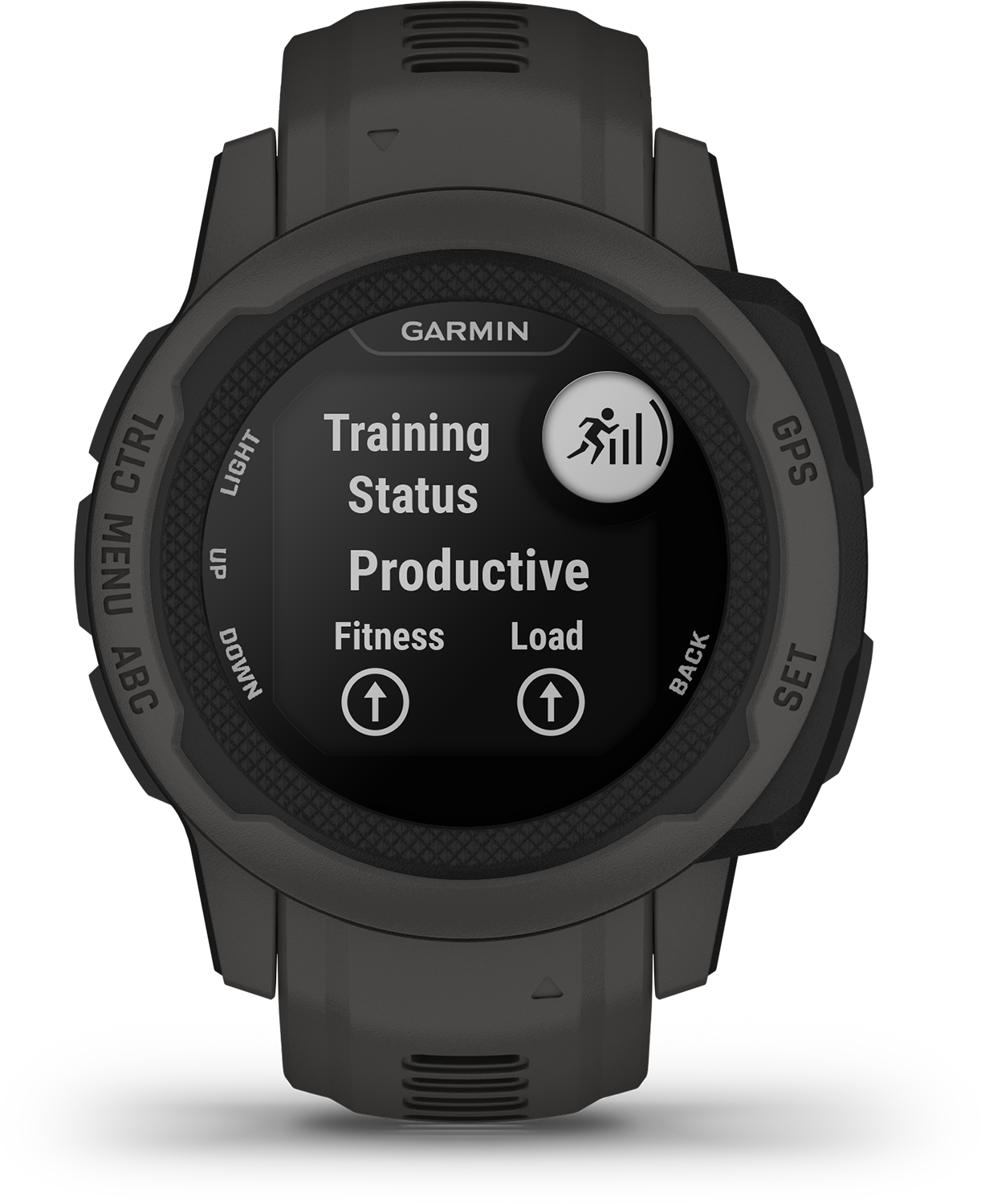 Garmin smartwatch. Display toont trainingsstatus: Productief. Fitness- en belastingopties.