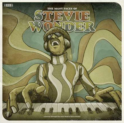 Pochette d'album. Dessin animé de Stevie Wonder jouant du clavier. Titre : 'THE MANY FACES OF STEVIE WONDER'.