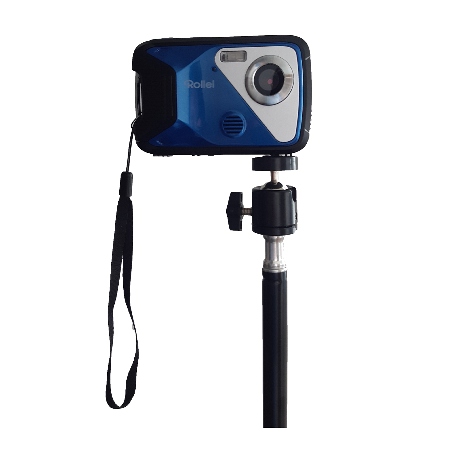 Una fotocamera Rollei blu e bianca attaccata a un treppiede nero. Un cinturino da polso è appeso.