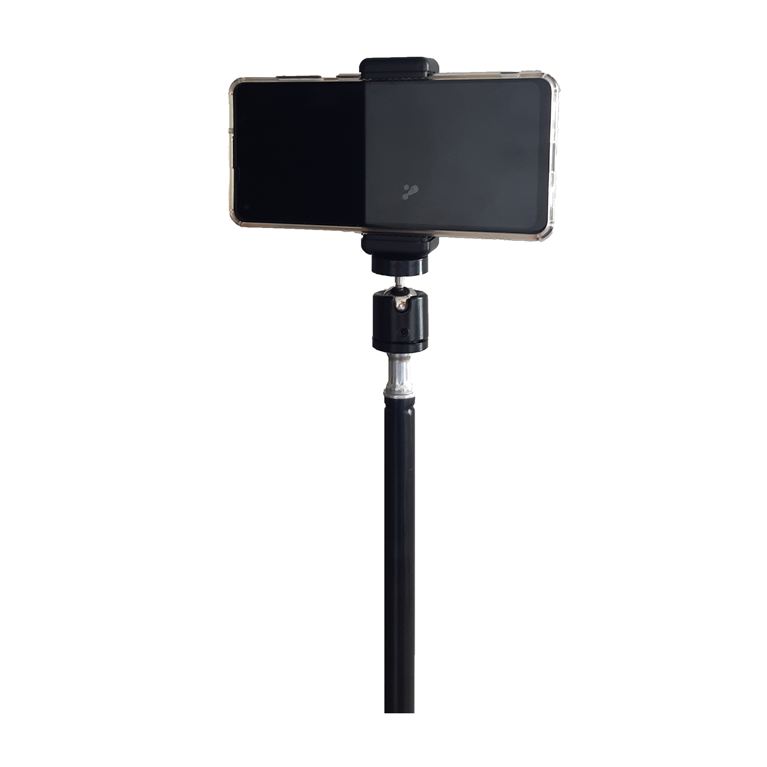 Telefono nero tenuto da un supporto nero, sfondo bianco.