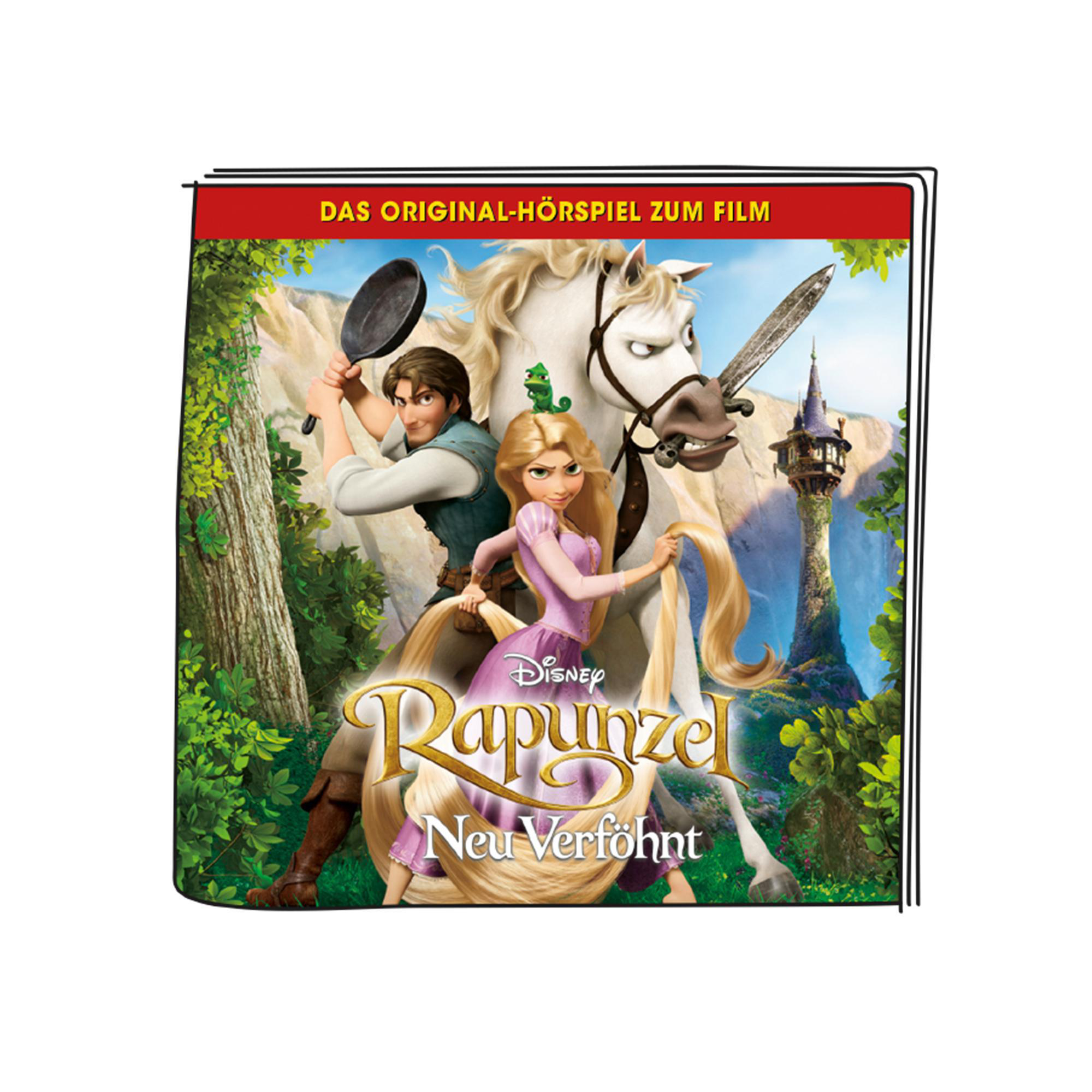 Rapunzel-Filmcover. Charaktere aus dem Film auf einem weißen Pferd.