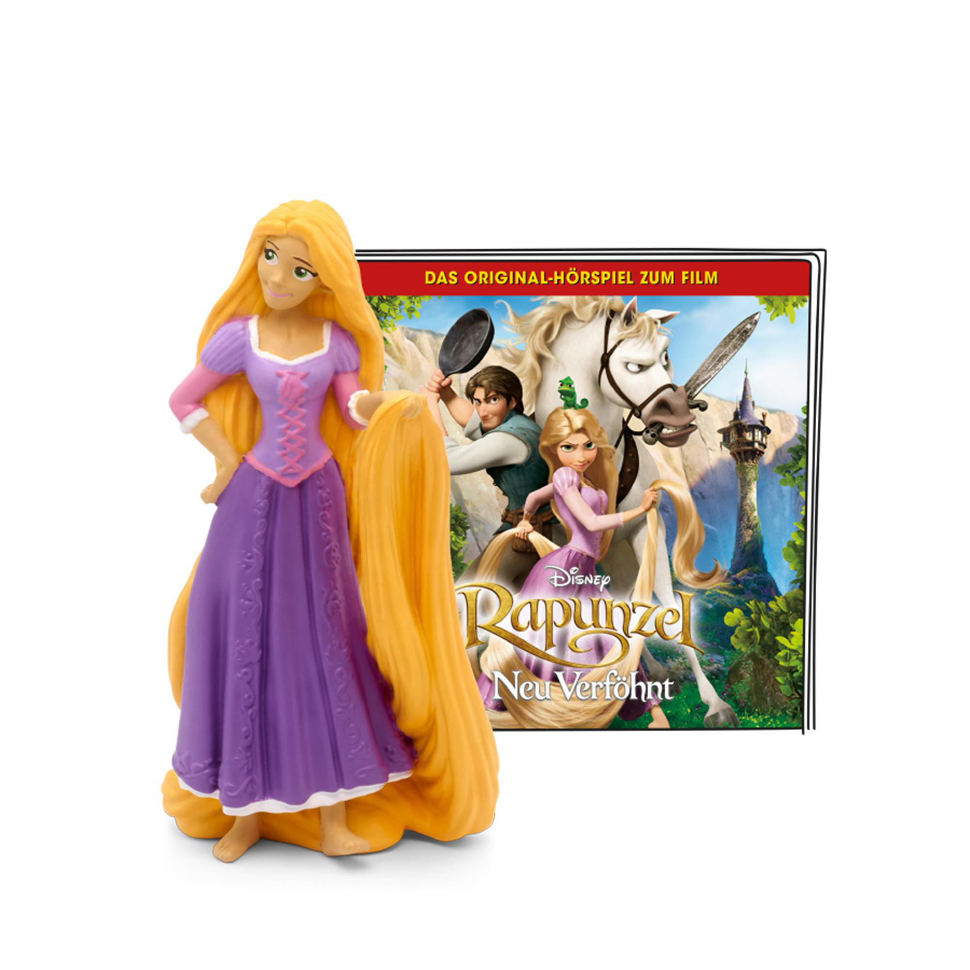 Rapunzel-Figur mit langem gelbem Haar und ein Filmplakat im Hintergrund.