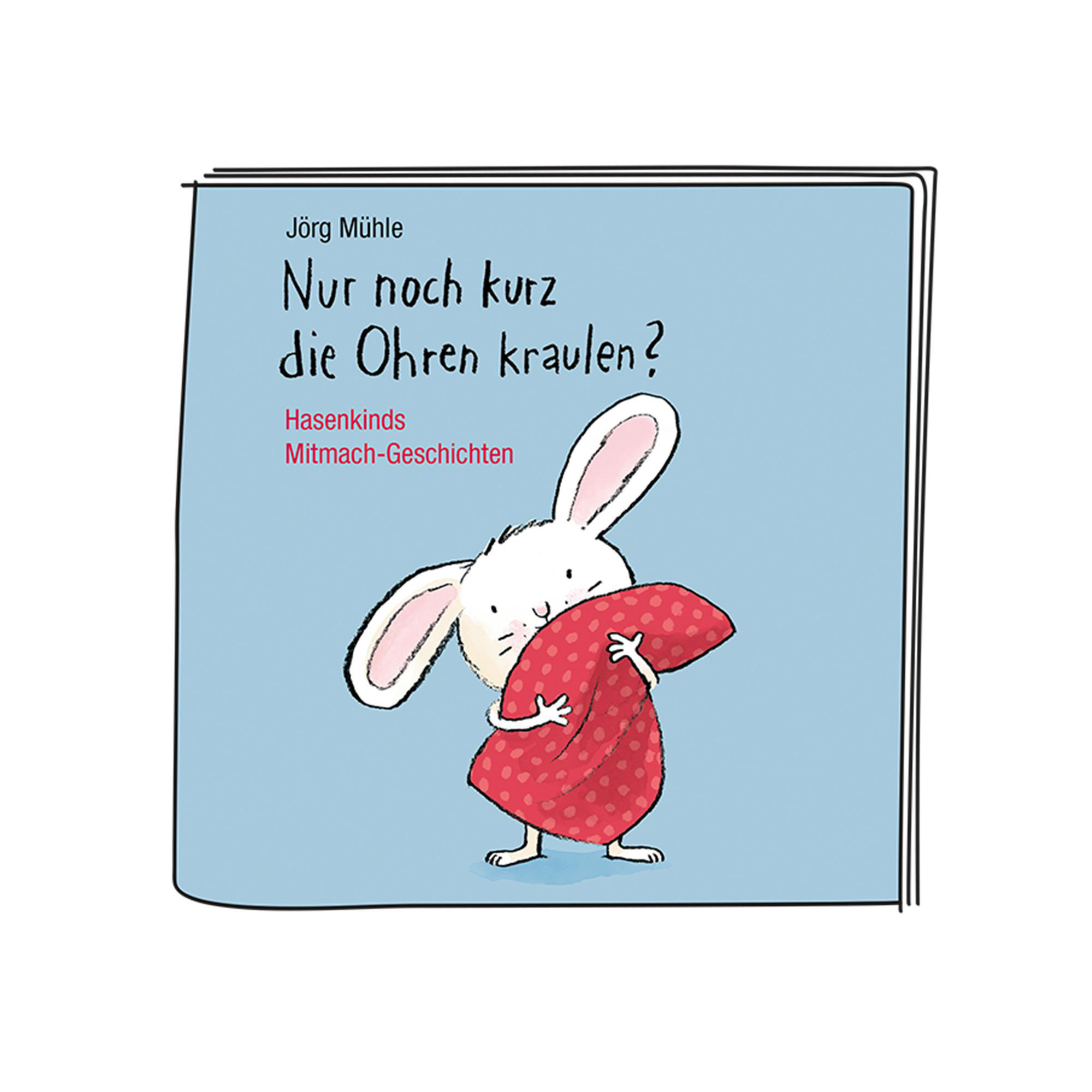 Buchcover mit Cartoon-Kaninchen, das eine rote Decke umarmt, auf blauem Grund.