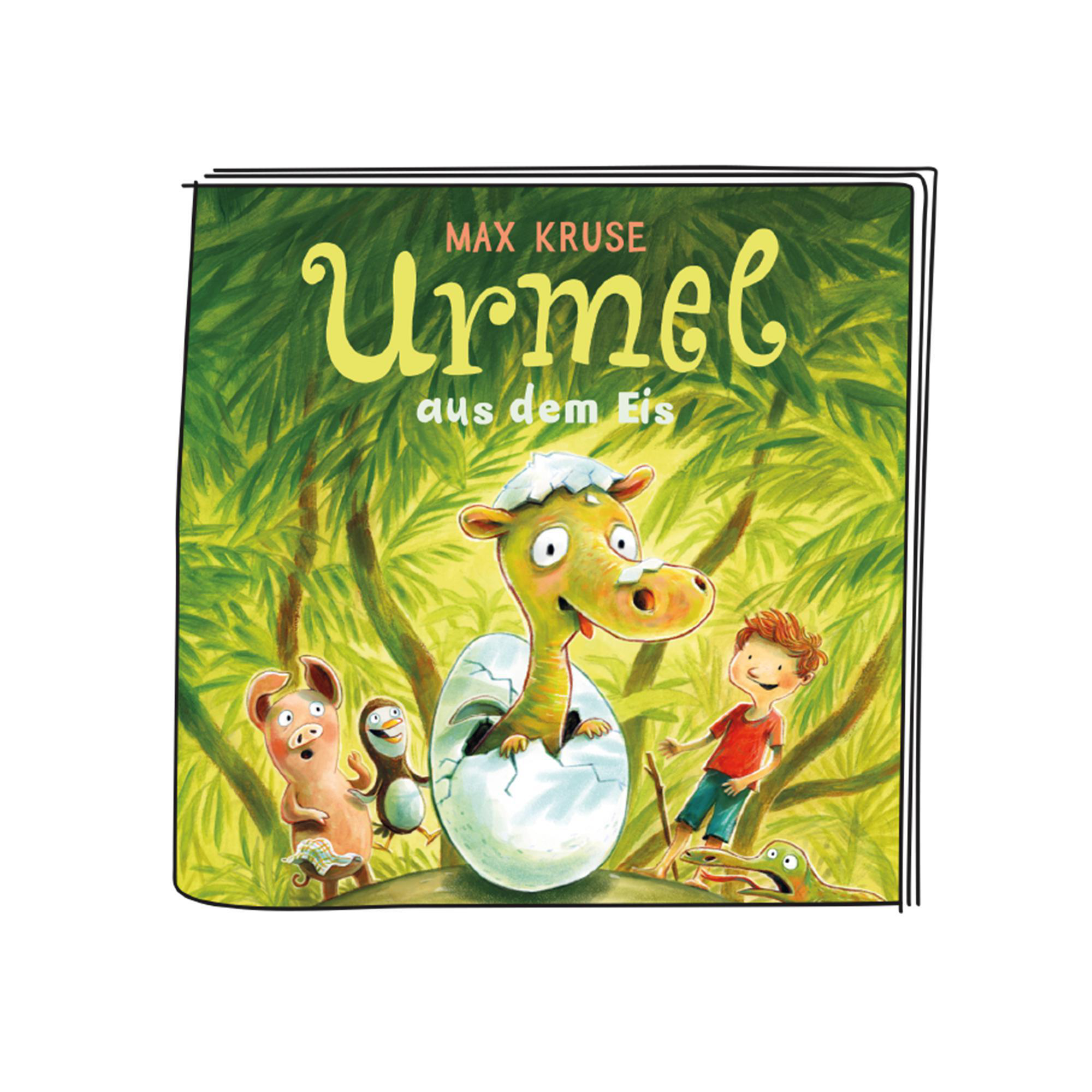 Buchcover-Illustration. Eine Cartoon-Szene mit einem Drachen und Charakteren.