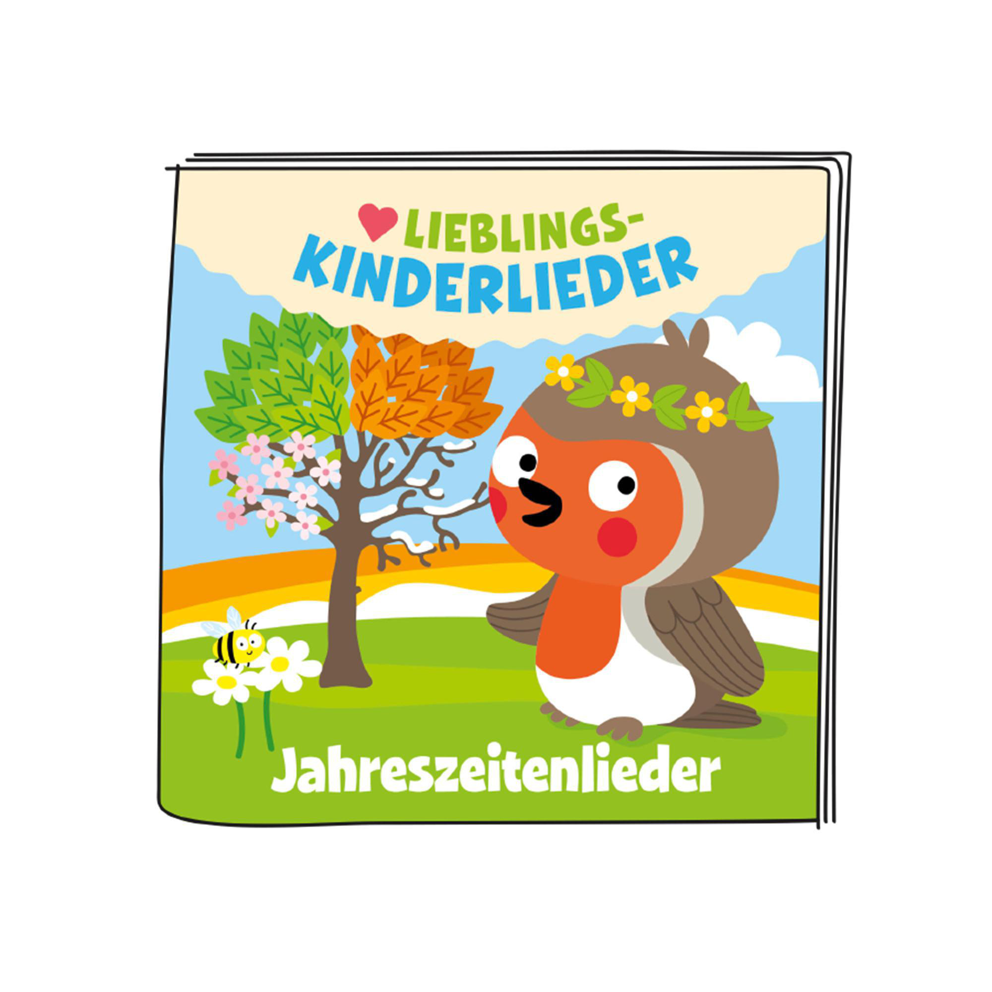 Umschlag eines Kinderbuchs. Cartoon-Vogel vorne, Baum mit wechselnden Blättern. Weißer Hintergrund.