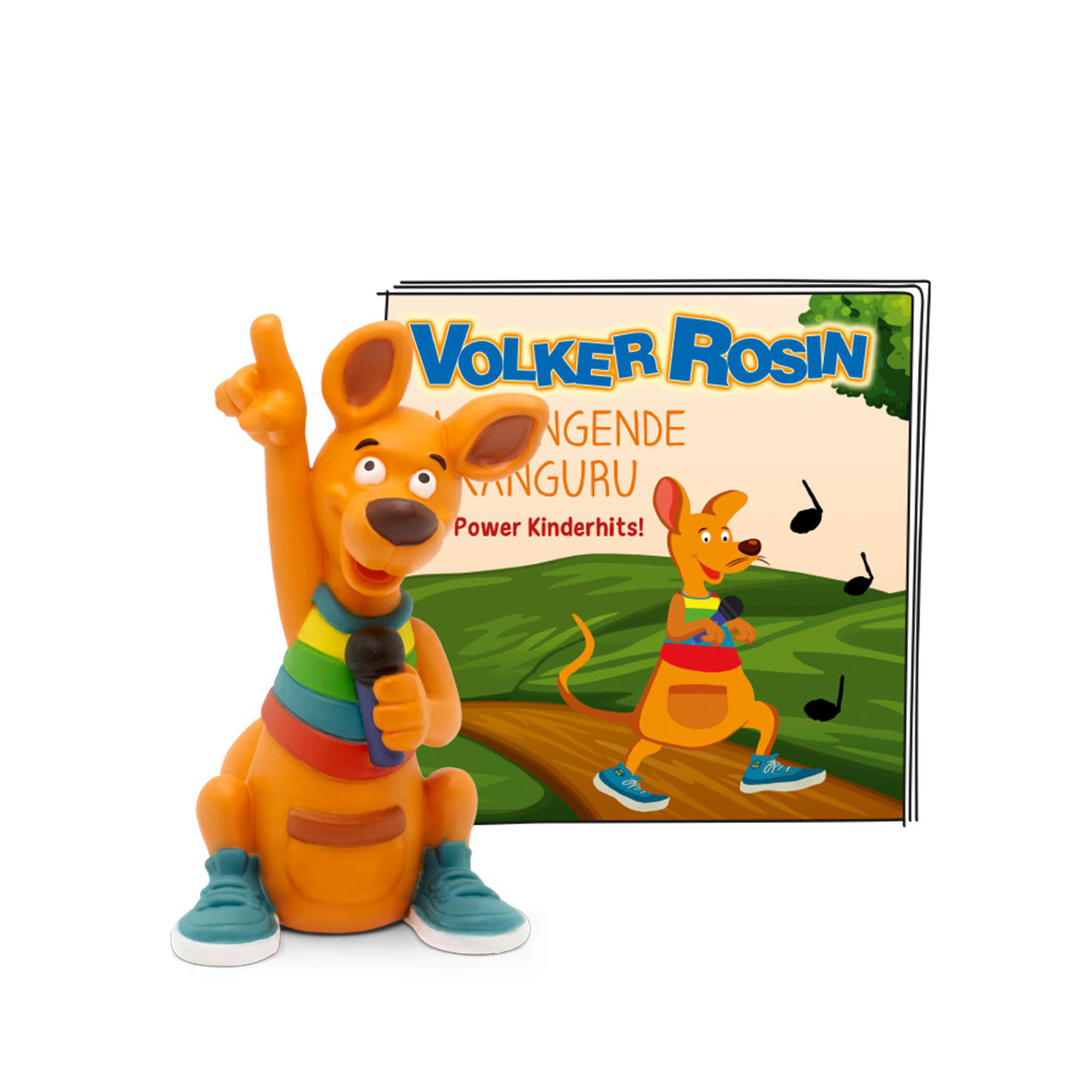 Ein Spielzeugkänguru singt in ein Mikrofon, mit einem Albumcover im Hintergrund.